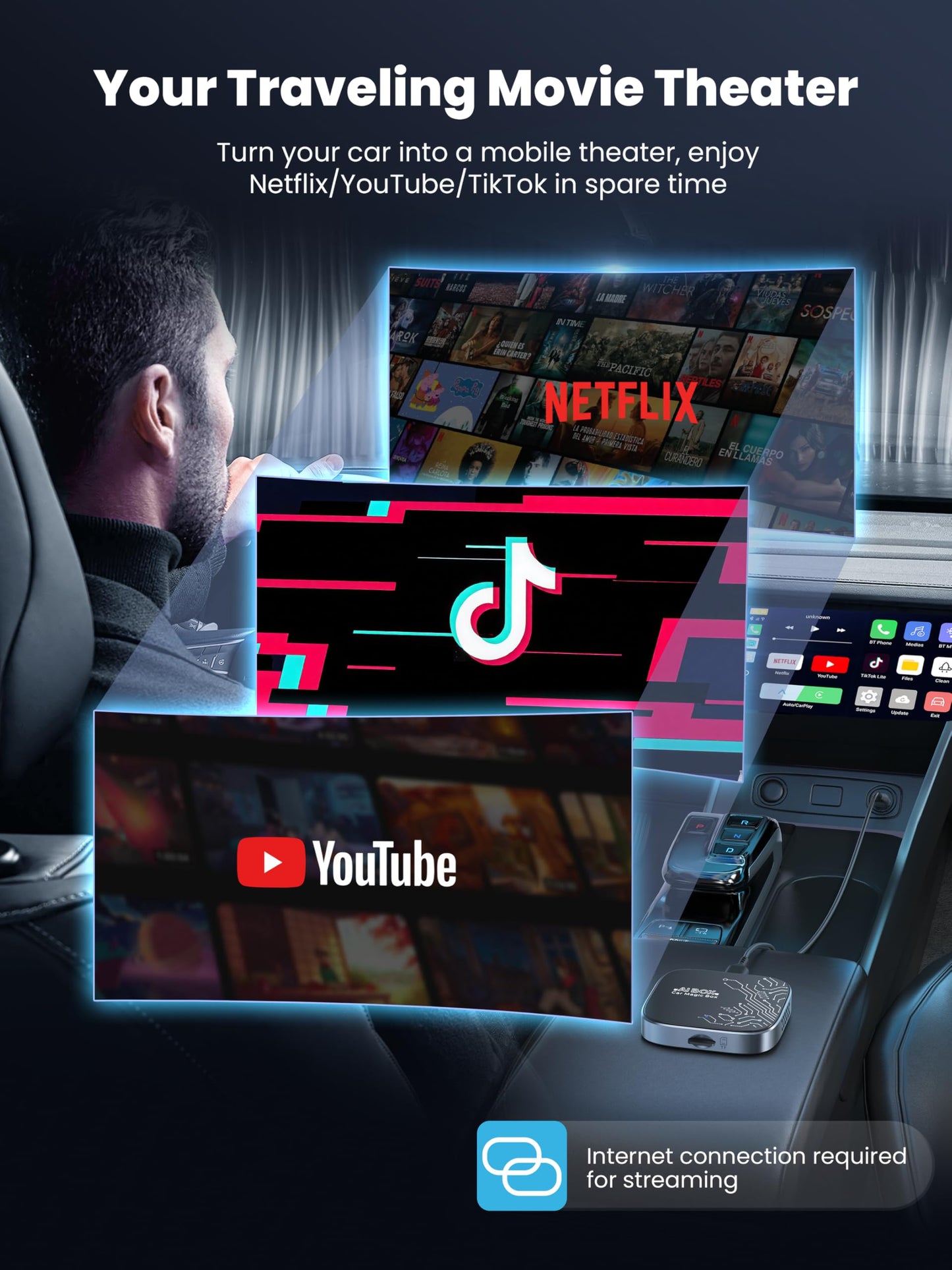 4-in-1 Wireless CarPlay Adapter for Streaming Netflix/YouTube/TikTok/TF Card, 2026 Magic Video AI Box & Android Auto Dongle [Dual Band WiFi, Autolink