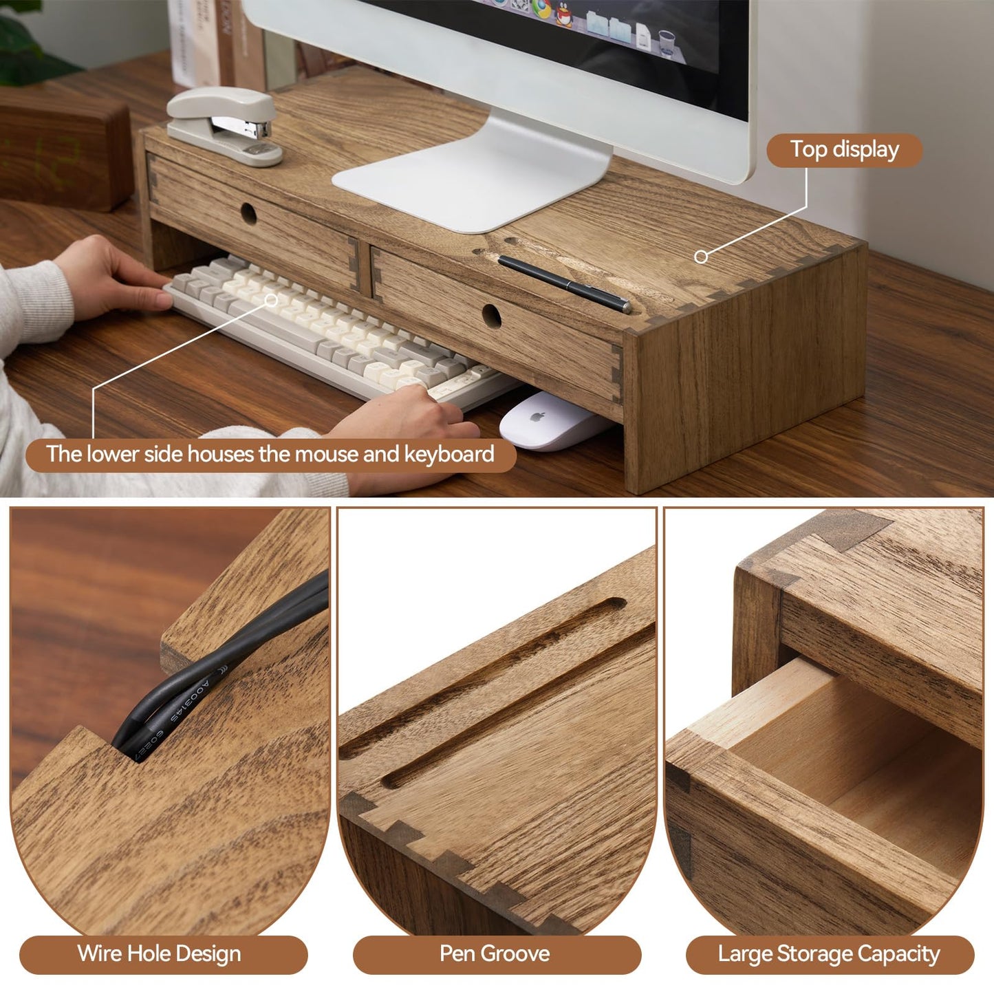 KIRIGEN Wood Monitor Stand with 2 Drawers - Computer Arm Riser Desk Storage Organizer,Speaker TV Laptop Printer Stand with Pen Slot and Cable