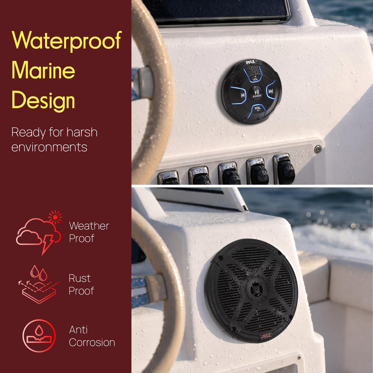6.5'' Dual Marine Speakers Kit - Waterproof-Rated w/Amplified Bluetooth Remote Control Receiver for Powersport Vehicles, IP65 Marine Grade Rating, 600 Watt Max Power - Pyle PLMRKT8
