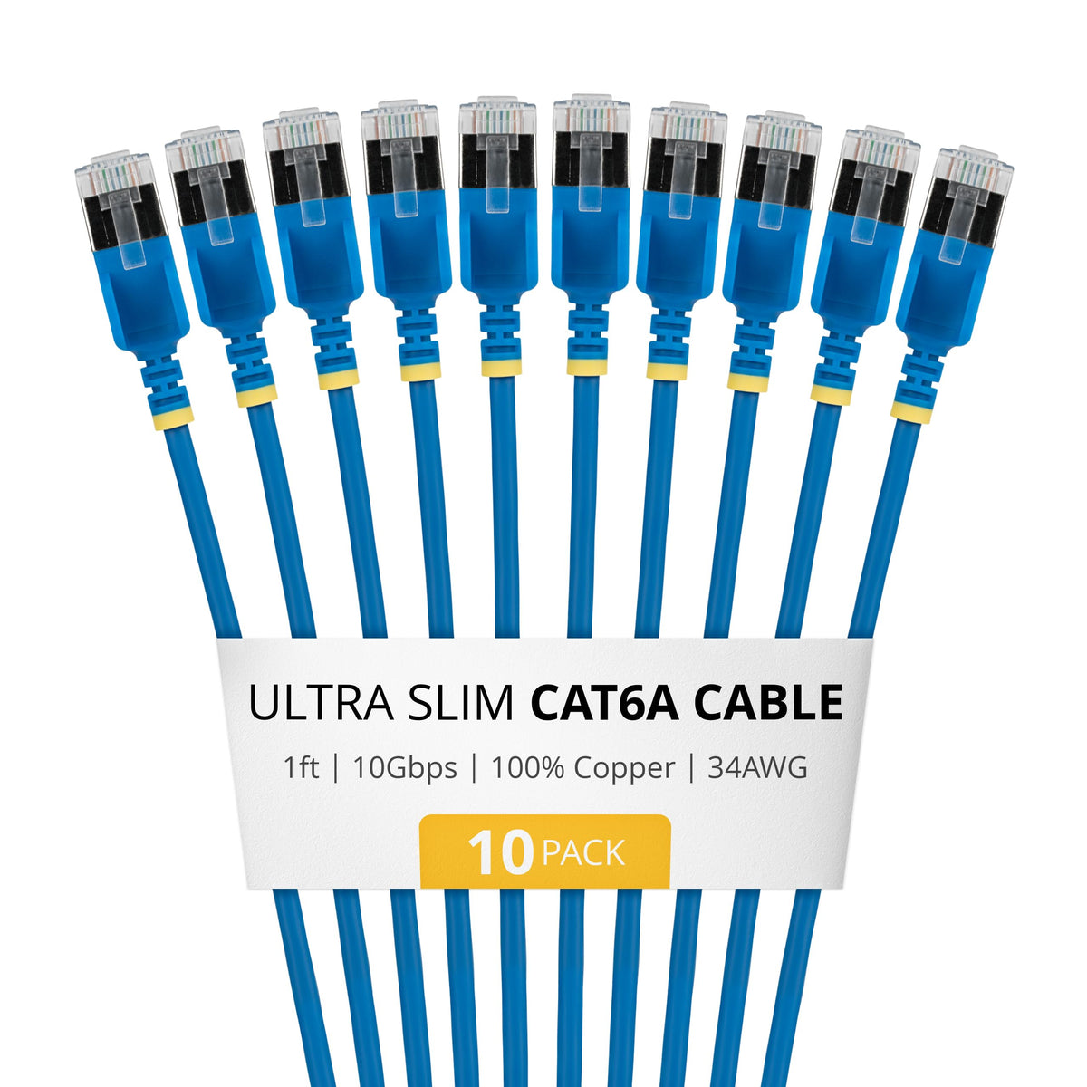 StarTech 6in Blue Ultra Slim Cat6A Ethernet Cable, 10 Pack, Snagless, FTP, Pure Bare Copper Wire, 34AWG Ultra Slim RJ45 Network Patch Cord