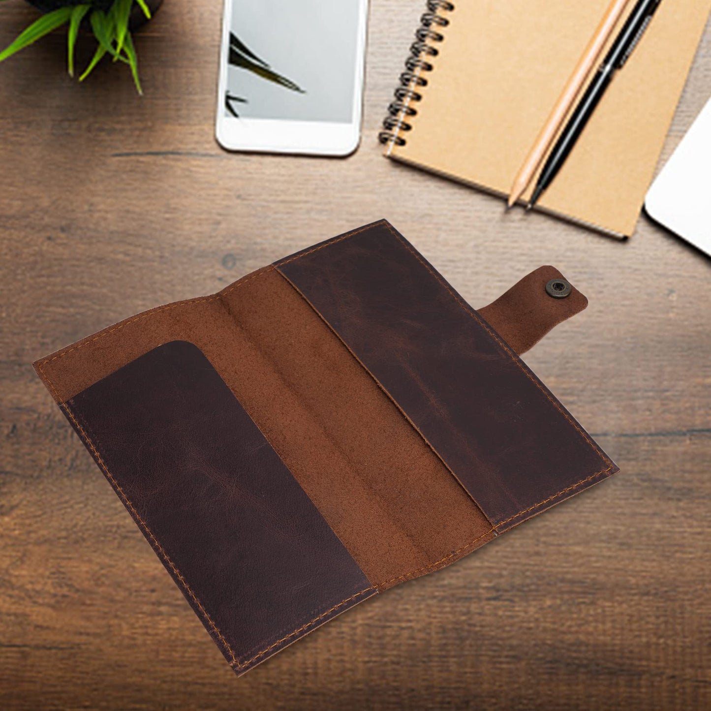 CestAntiQ Distressed Leather Checkbook Cover with Pen Holder - Handmade Executive Checkbook Wallet for Men, Women, Slim and Stylish Organizer (Brown)