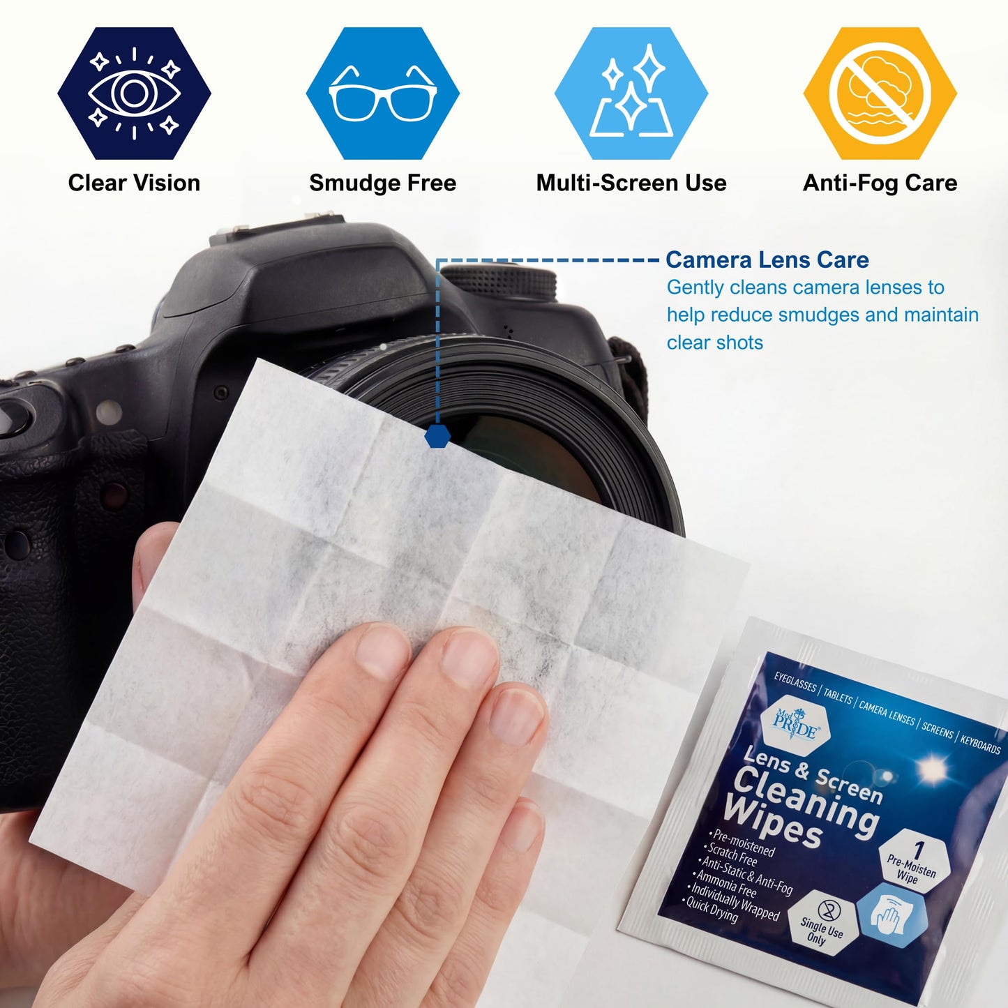 MED PRIDE Lens and Screen Cleaning Wipes for Eyeglasses, Touch Screens, Cameras, Anti-Fog, Scratch-, Anti-Static (100 100 Count (Pack of 1))