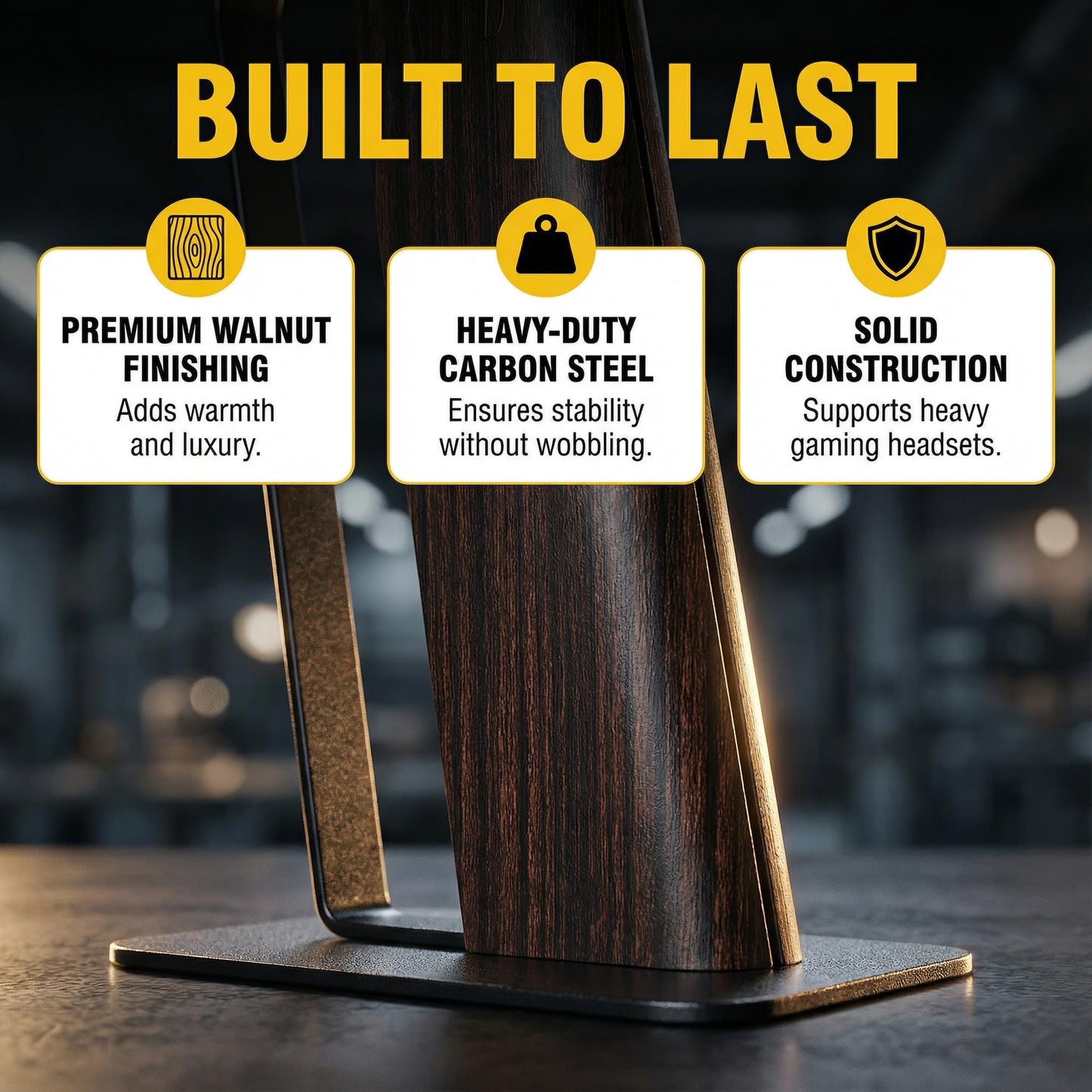 Gunking Premium Headphone Stand for Desk- Walnut Finish - Anti-Slip Carbon Steel Base for Gaming & Studio Headsets