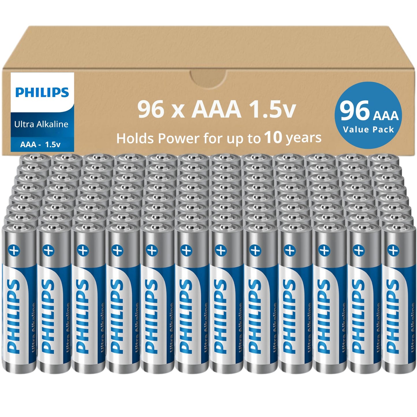Philips AAA Batteries 96 Bulk Pack, 1.5v Ultra Alkaline Triple AAA. Batteries, 10-Year Shelf Life, Ultimate Long-Lasting AAA Battery, 129% More…