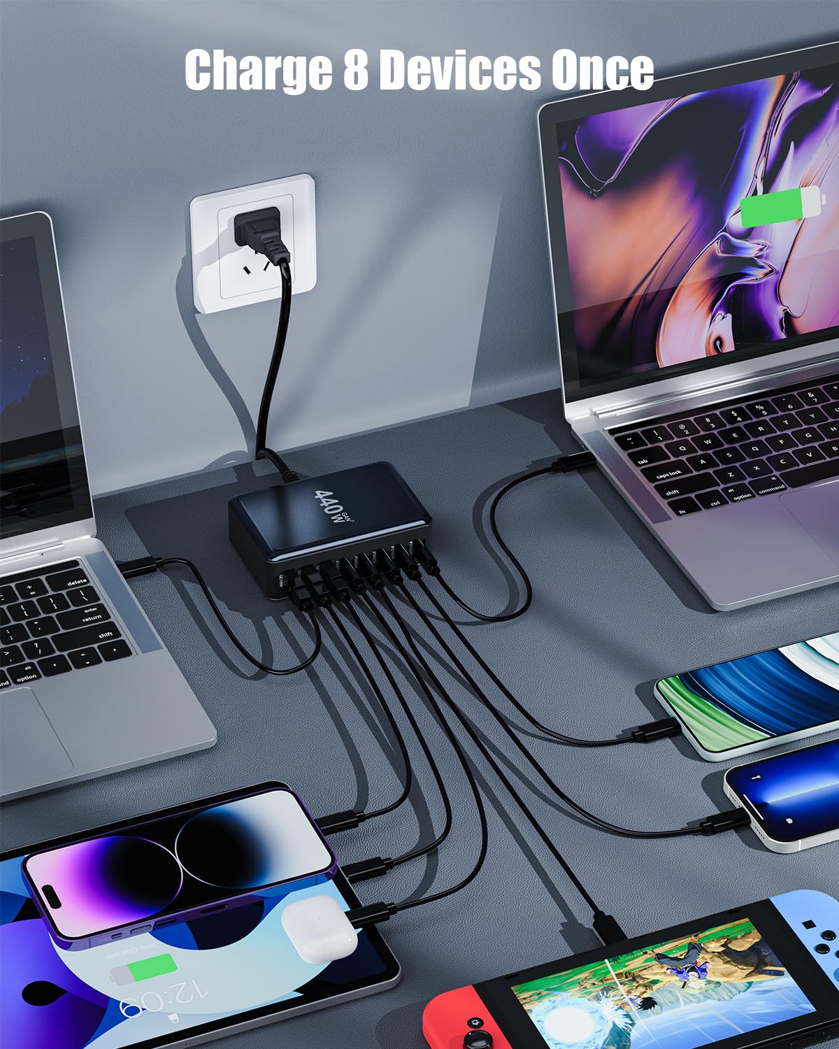 440W USB C Charger Block,8-Port USB C Charging Station GaN IV Travel Essentials Multiple Port Charging Station,65W Laptop Fast Charger Adapter