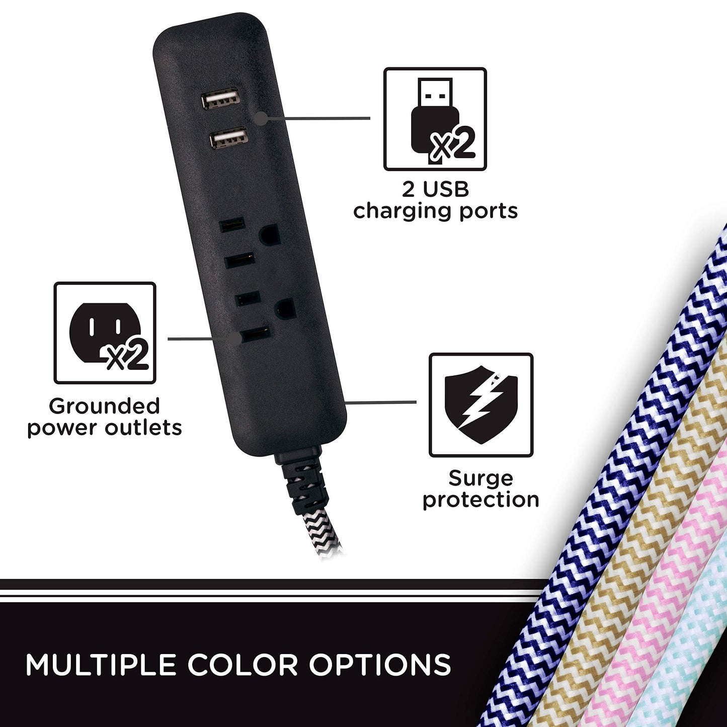 Cordinate Designer USB Charging Station Extension Cord, Power Strip Surge Protector, 2 Outlets, 2 USB Ports, Extra Long 10 ft Cable with Flat Plug