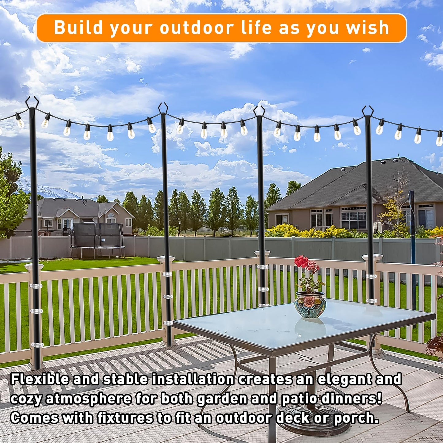 7 Pack 10 FT String Light Poles,Metal with Fork Lights Poles for Outdoor String Light, Rustproof Heavy Duty for Outside