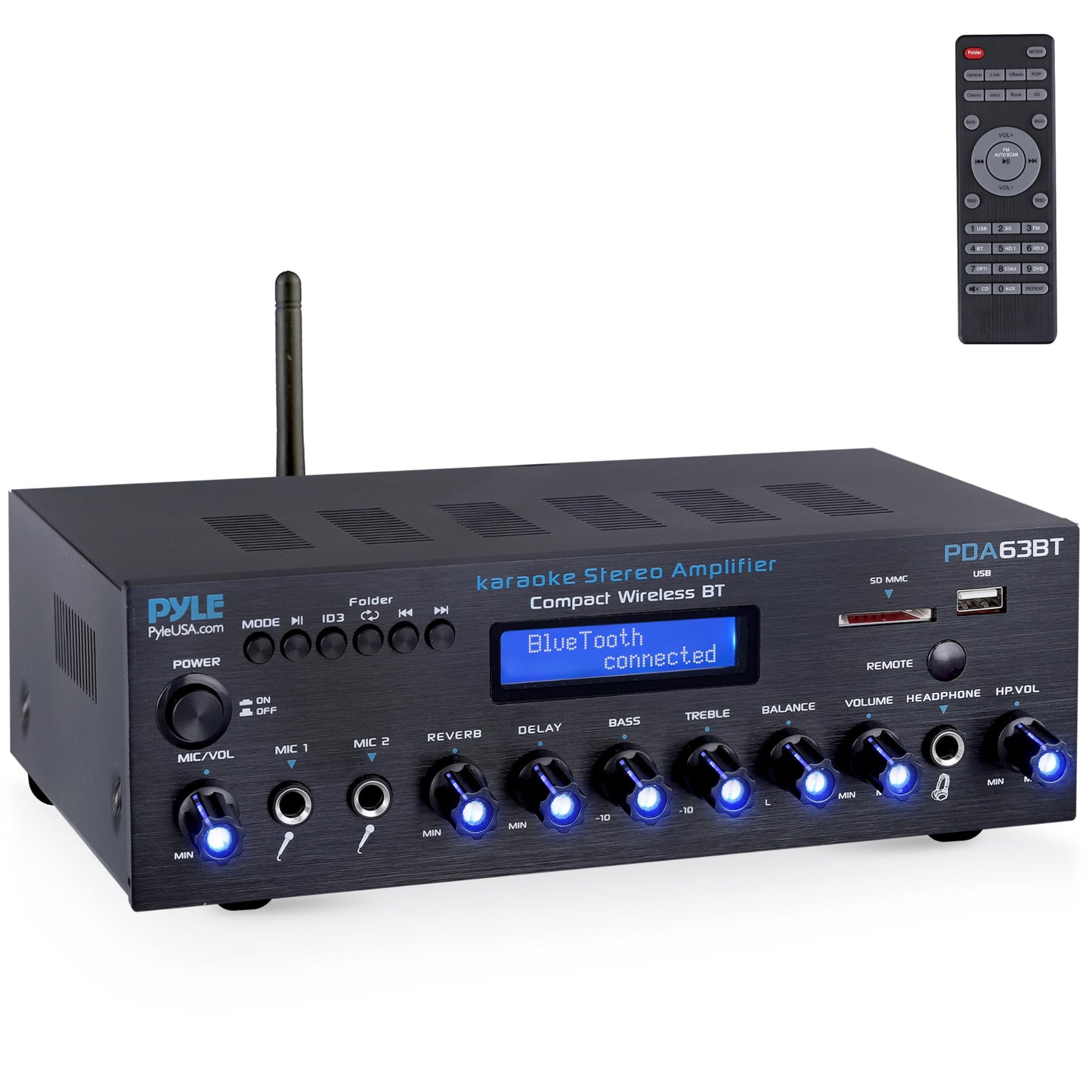 Pyle Wireless BT Stereo Amplifier - Multi Channel, 200 Watt Power, Home Audio Receiver System with FM Radio, BT, USB SD, AUX, RCA, Mic-in, BT and FM