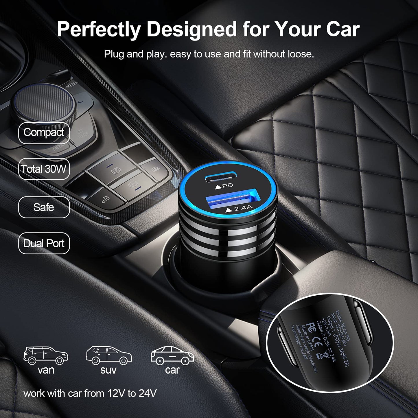 30W USB Type C+USB Car Charger Adapter Plug Fast Charging Compatible for Moto Edge 5G UW/One 5G UW ace/G Power/G Stylus/G Play, Samsung Galaxy