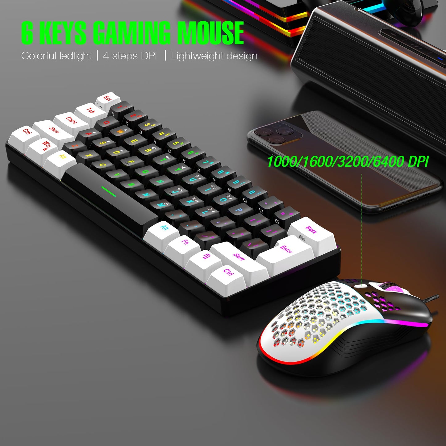 60% Wired RGB Gaming Keyboard and Mouse Combo, 14 Mode of Backlight, 6400 DPI Gaming Mouse, Mini Keyboard with Membrane Switch Comfort Use Budget