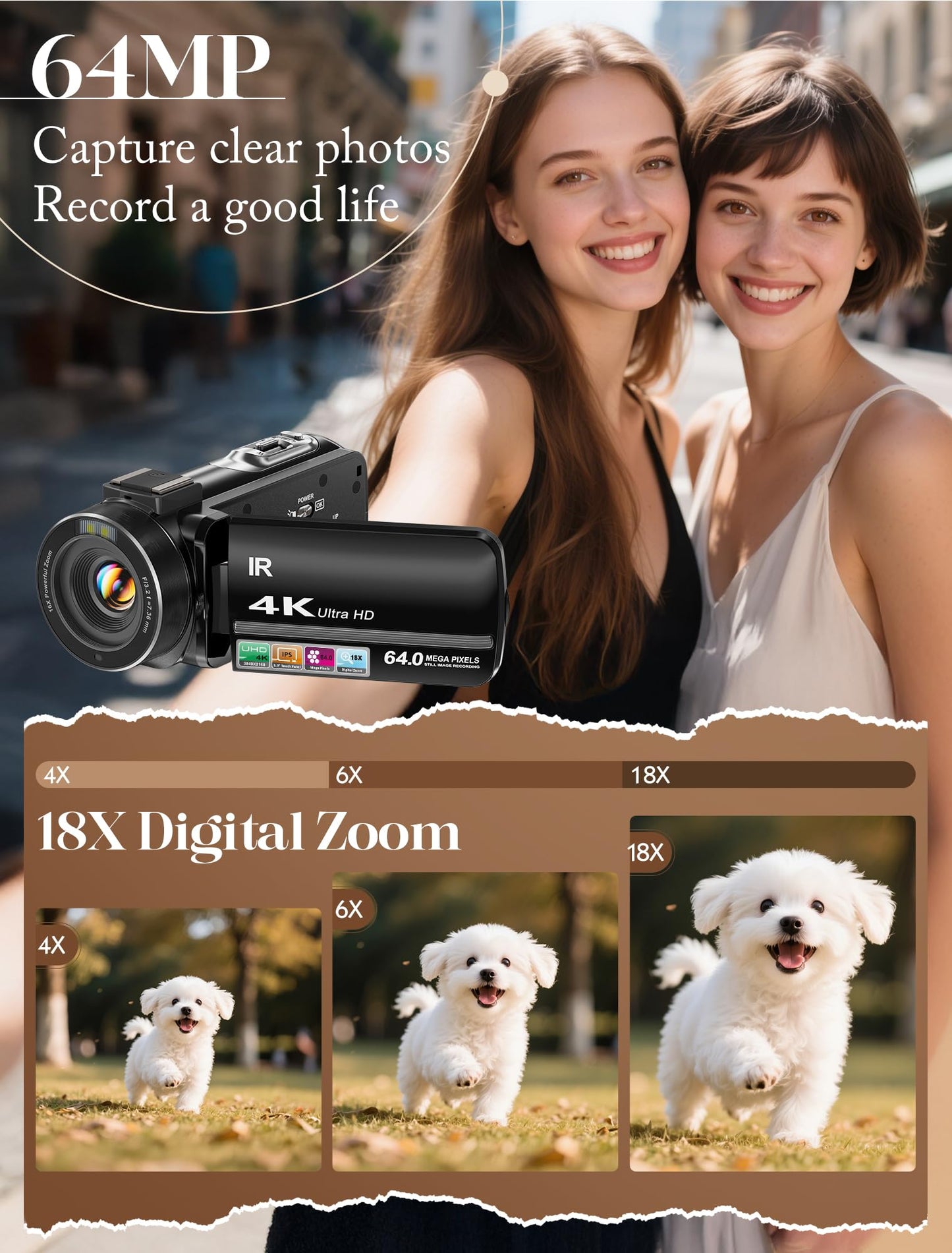 ZYDIIE 4K Video Camera Camcorder UHD 64MP Vlogging Camera for YouTube 18x Digital Zoom 3" 270° Rotation IPS Touchscreen Video Camcorder with Night