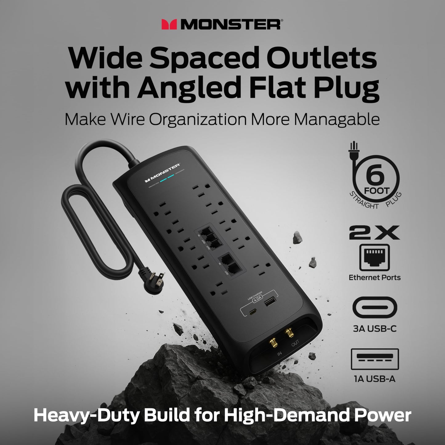 Monster Power Surge Protector w/ 4050 Joule Rating - Heavy Duty 6 FT Surge Protector Power Strip w/ 10 Outlets, 2 USB, 2 Coax, 2 Ethernet Ports