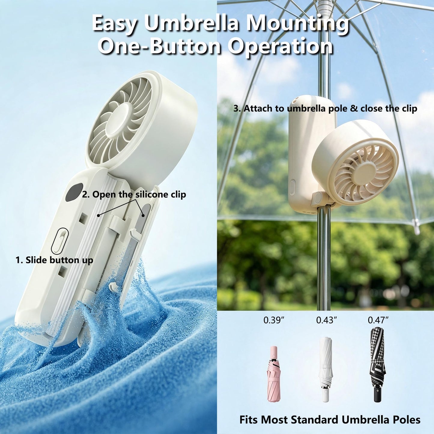 Savepe Portable Mini Clip-on Fan, 5 Wind Speeds, 180° Adjustable, Foldable, 6-Hour Battery, USB-C, for Umbrella, Travel, Beach, Camping
