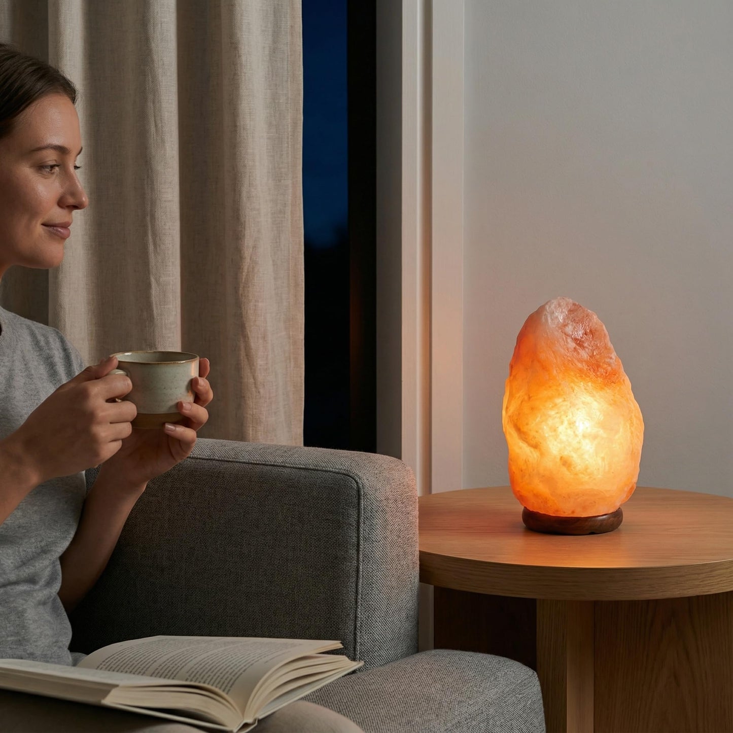 AMOYSTONE Portable Salt Lamp 6-7 Inch, Natural Himalayan Crystal with Wood Base & Dimmer(4-6 lbs)