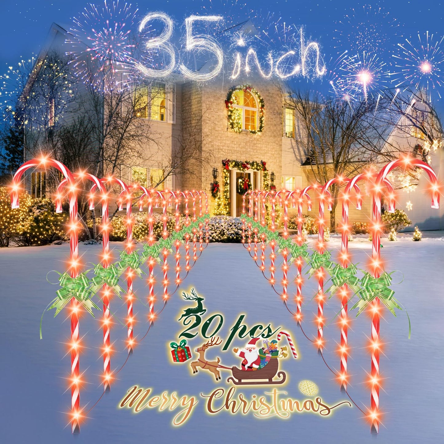 35" Candy Cane Lights - 20 Pack 8 Modes, 30V LED Candy Cane Lights Christmas Decor, Outdoor Christmas Decorations for Yard, Lawn, Garden and Pathway