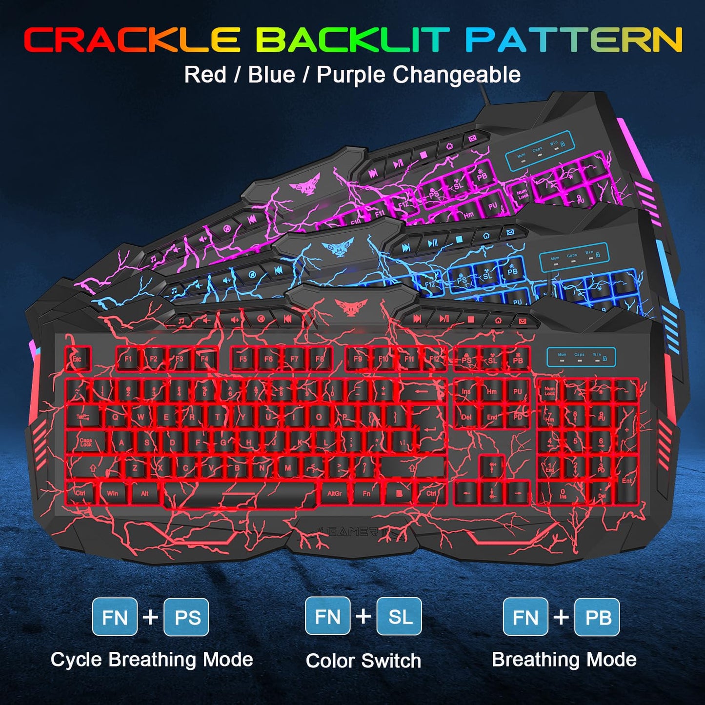 BlueFinger Backlit Gaming Keyboard and Mouse Combo,USB Wired Backlit Keyboard Mouse Game Set,Multimedia Keys,3 Color LED Crack Illumination Keyboard