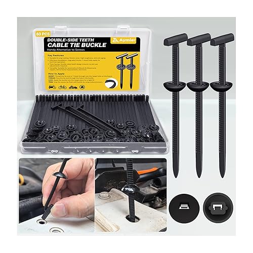 Aymier 60Pcs Upgraded Double-Side Teeth Self-Locking Nylon Universal Cable Tie Buckle, T Rivet Zipties Ties Holders Kit for Car Fender Trunk Bumper