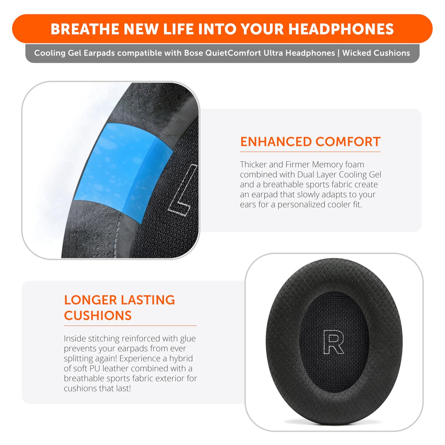 WC Freeze QC Ultra - Cooling Gel Replacement Earpads Compatible with Bose QuietComfort Ultra Gen 1 & Gen 2 by Wicked Cushions | Breathable Fabric
