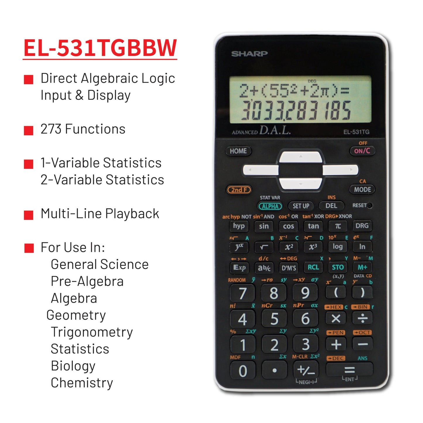Sharp EL-531TGBBW 12-Digit Scientific/Engineering Calculator with Protective Hard Cover, LCD Display, Great for Students and Professionals, Black