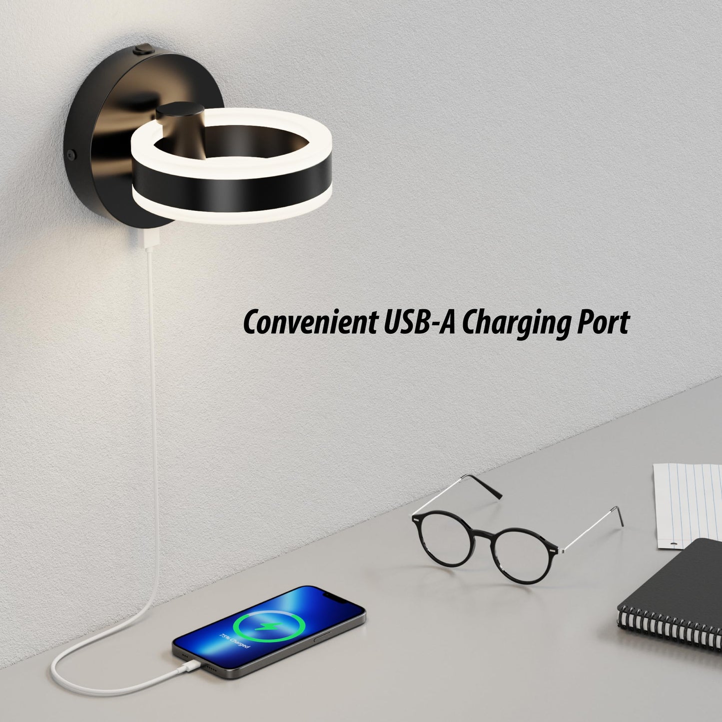 PHIXART LED Wall Sconces with ON/Off Switch, Matte Black Rotatable Hardwired Wall Light Fixtures, Built in USB Charging Port, Modern Wall Decor