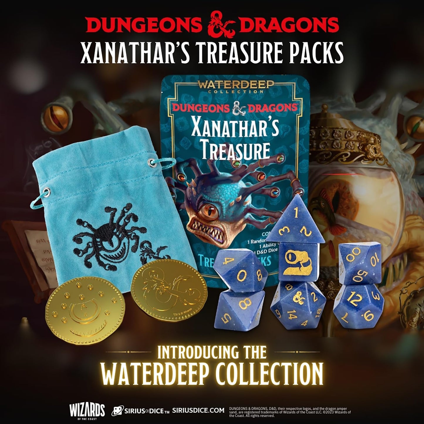 Dungeons & Dragons: Xanathar's Treasure Pack - Randomly Assorted Set w/ 7pc Dice, Metal Coin & Dice Bag - RPG, D&D Waterdeep Collection, Sirius Dice