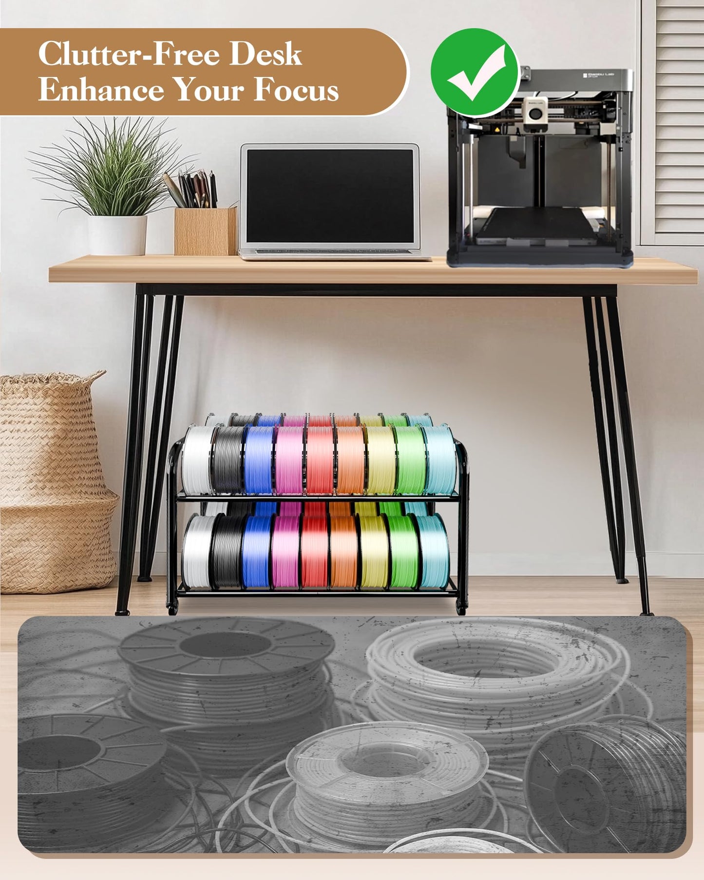 2-Tier Under Desk Filament Storage Rack, 3D Filament Storage Rolling Cart Holds 40+ 3D Printer Filament, Adjustable Filaments Rack for 250g-1KG