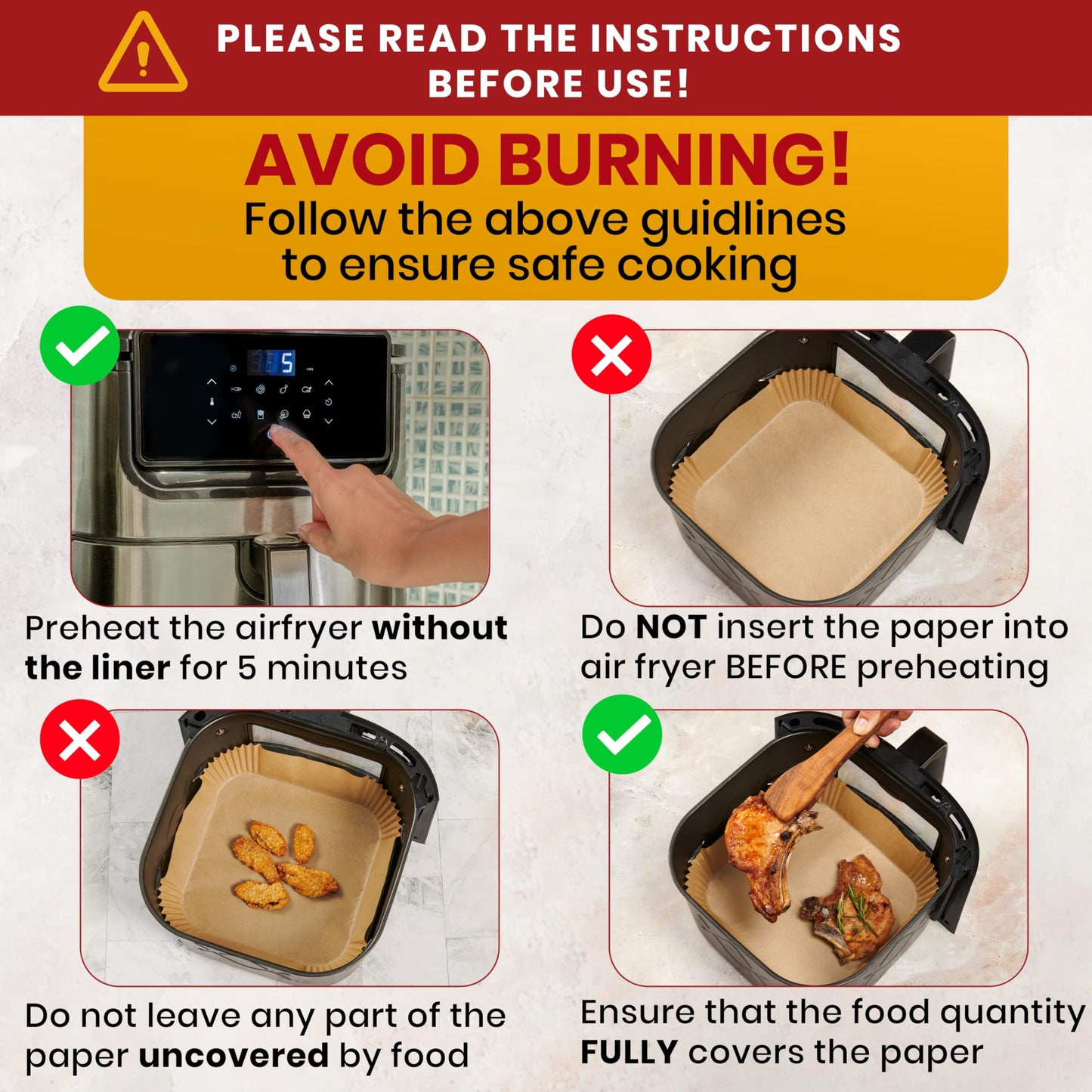 Baker's Signature Air Fryer Paper Liners, 125-Pack Disposable 8" Square, Non-Stick & Oil-Proof for 5-8 Qt Baskets, Easy Cleanup