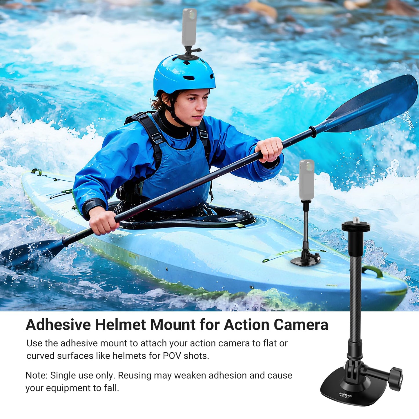 NEEWER Flexible Helmet Mount with Extension Pole Compatible with Insta 360 GoPro DJI, Adhesive Action Camera Holder Base Adapter for POV Video