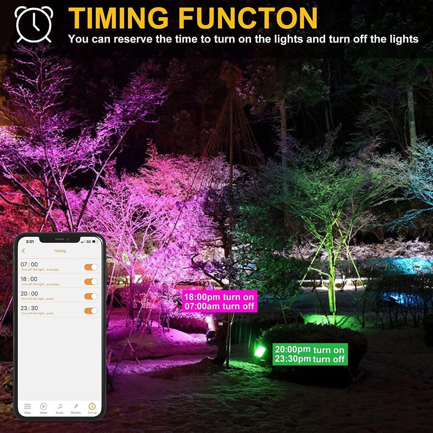 LED Flood Lights RGB Color Changing 300W Equivalent Outdoor, 30W Bluetooth Smart RGB Floodlight APP Control, IP66 Waterproof, Timing, 2700K&16 Million