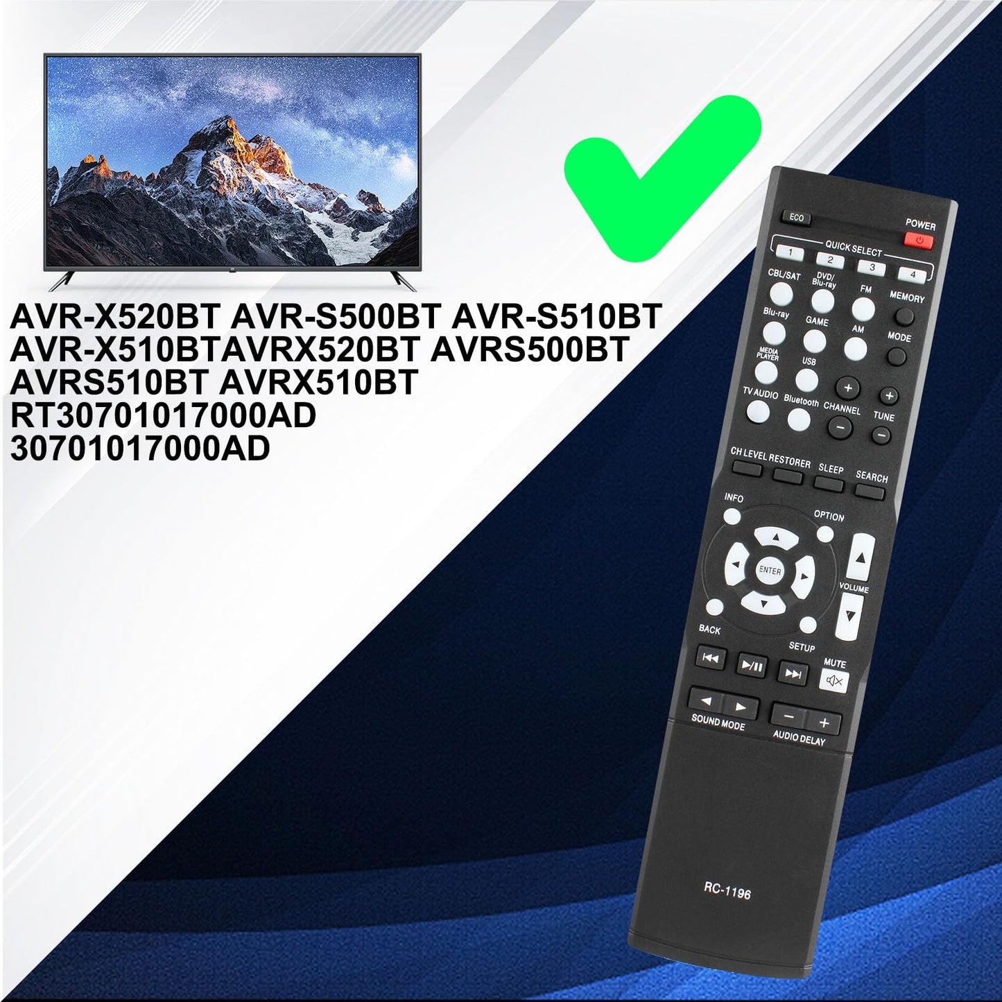 RC-1196 Replace Remote Control Compatible with Denon AV Receiver AVR-S500BT AVR-S510BT AVR-X520BT AVR-X510BT