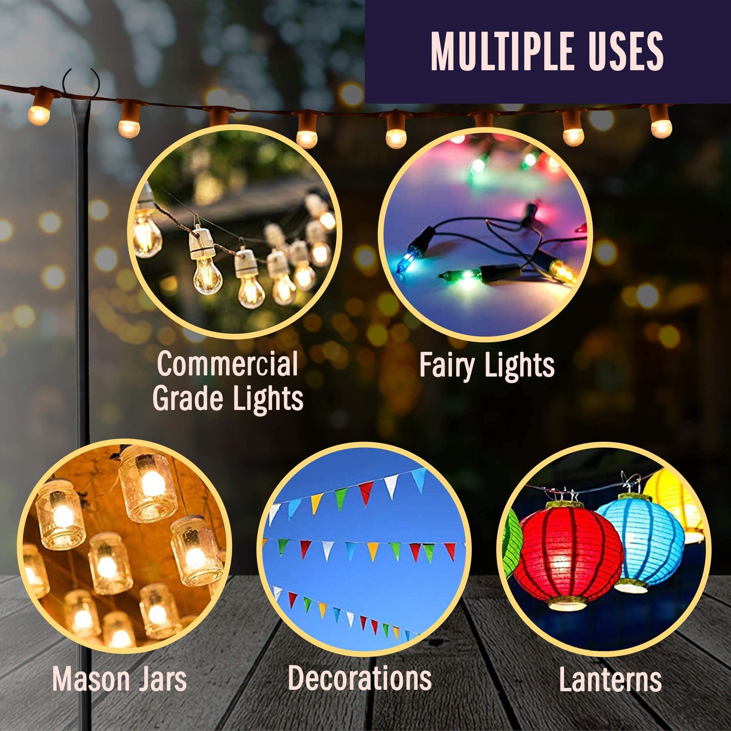 Holiday Styling String Light Poles for Outdoor String Lights - Metal Light Pole w/Hooks for Outdoor String Lighting - Patio Light Accessories Ideal