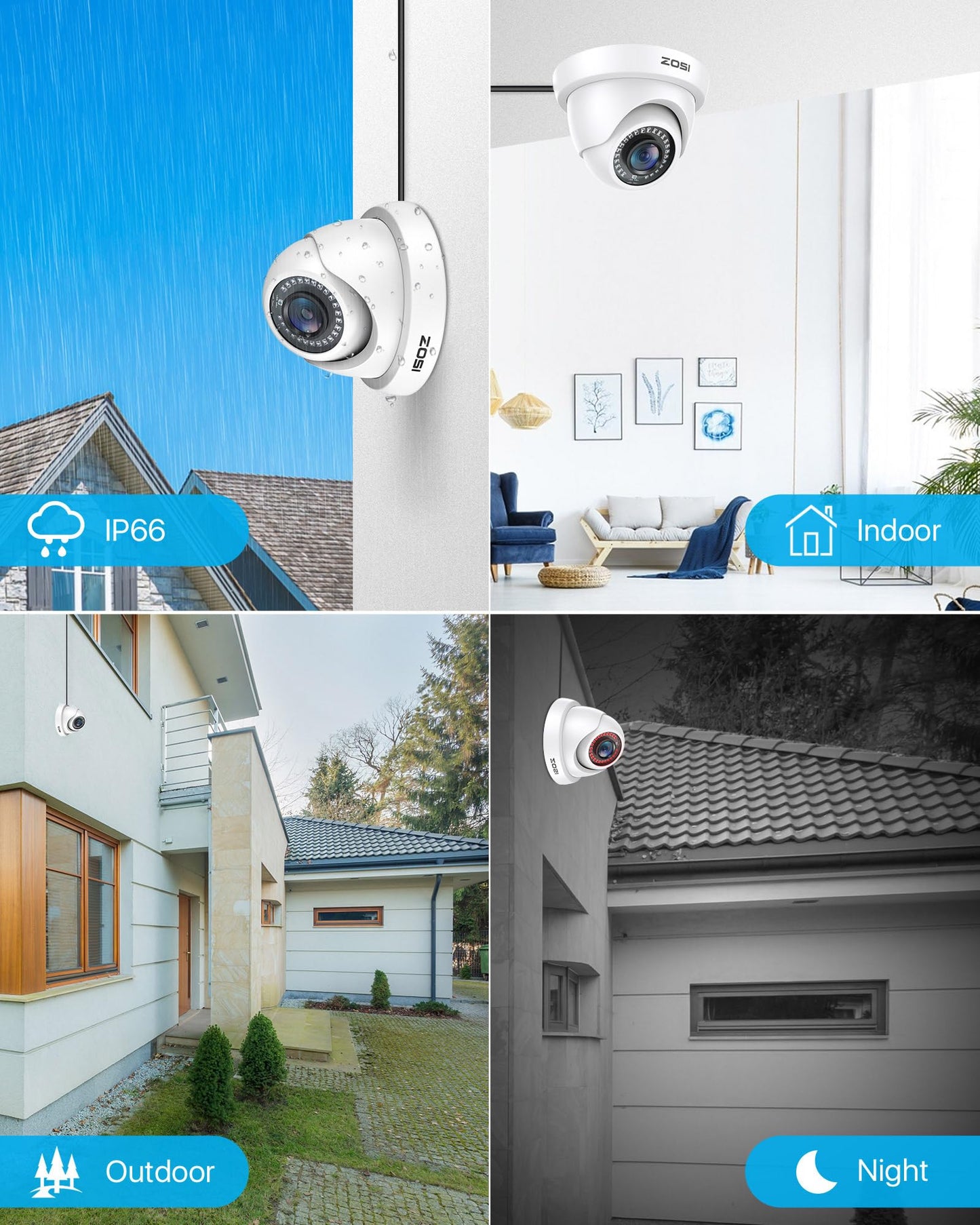 ZOSI 4Pack 2.0MP HD 1080P Security Cameras Kit, 80ft Night Vision, Indoor Outdoor Home CCTV Dome Camera for 1080P/5MP/4K HD-TVI Analog DVR System