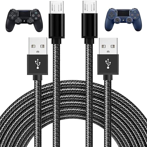 PS4 Controller Charger Cable 2-Pack 10FT Nylon Braided Micro USB Cord Play and Charger Data Sync Cord for PS4 Pro/ PS4 Slim/ DualShock 4, Xbox One