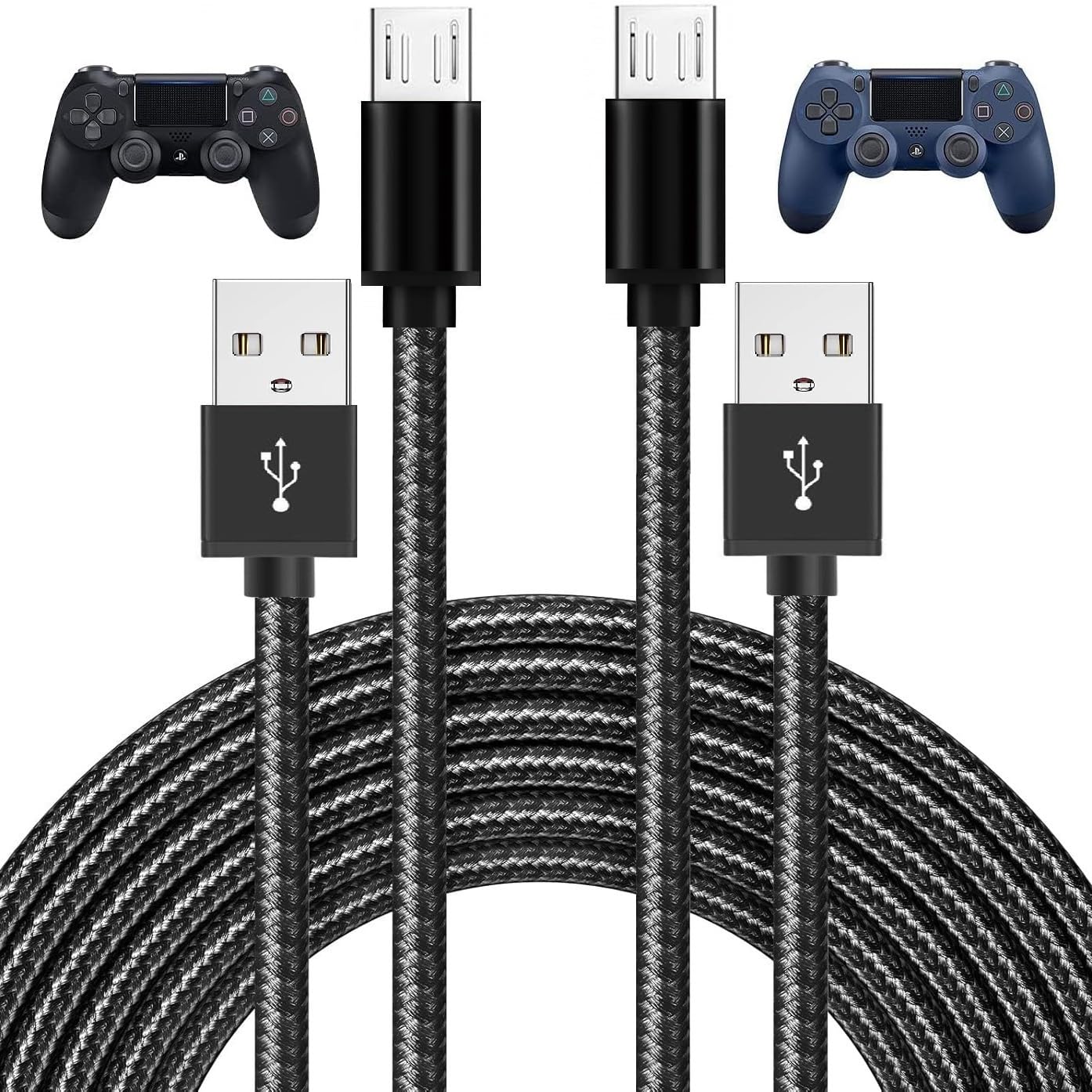 PS4 Controller Charger Cable 2-Pack 10FT Nylon Braided Micro USB Cord Play and Charger Data Sync Cord for PS4 Pro/ PS4 Slim/ DualShock 4, Xbox One
