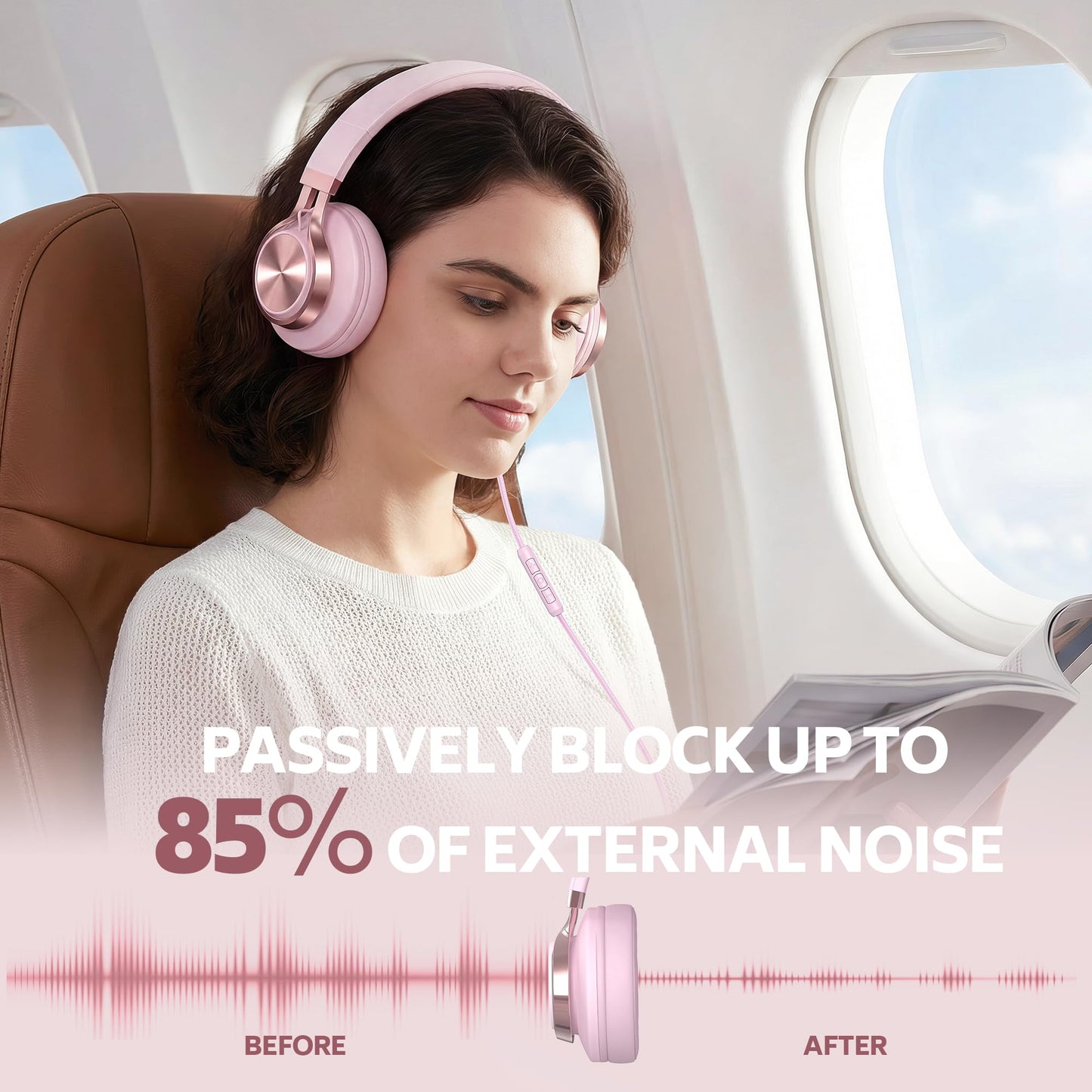 COOSII Wired Over-Ear Headphones Pink with Mic for School Work, 3.5mm Jack