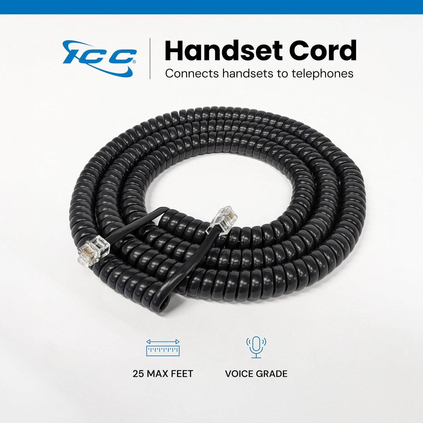 ICC Telephone Handset Cord/Phone Cord, 25 Ft - RJ9 (RJ22) Connectors, Glossy Black, 5-Pack - Curly Coiled Tangle-Free Design for PBX & VoIP Phones