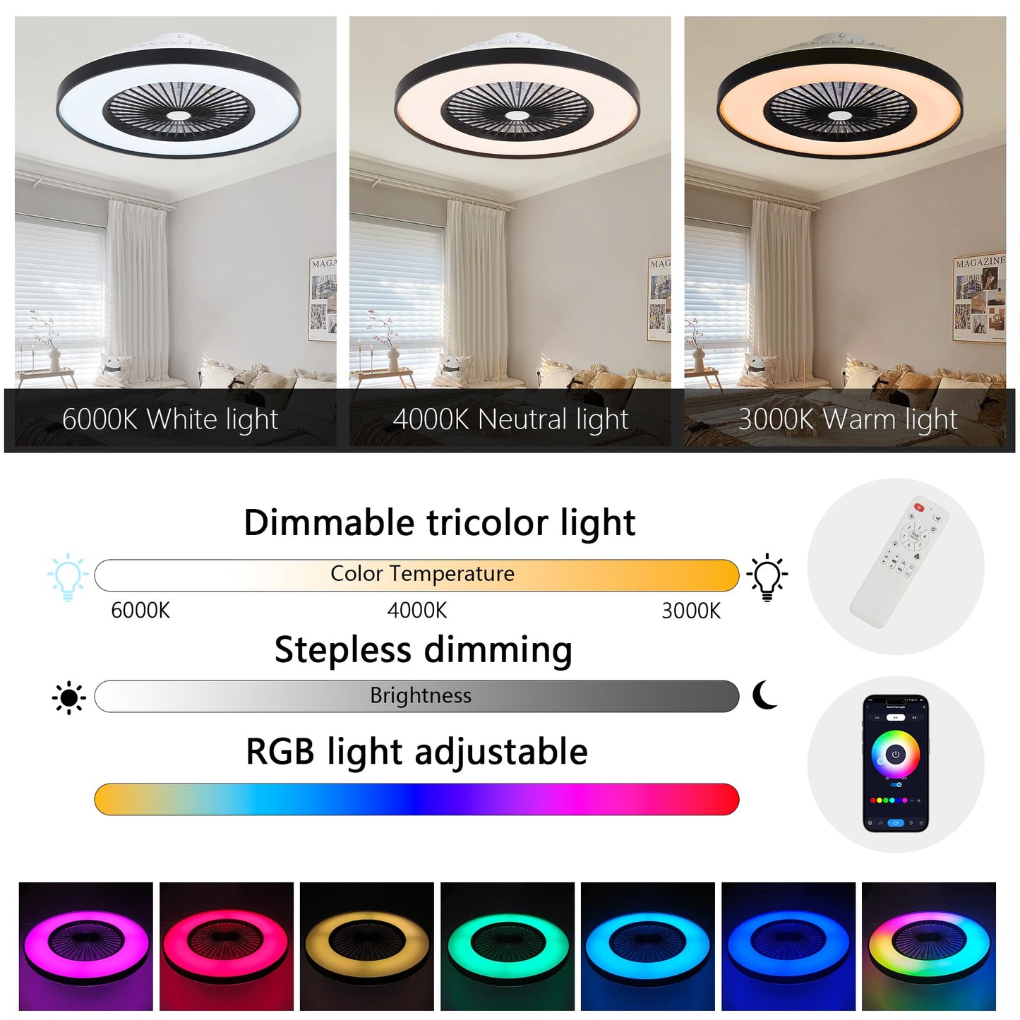 Ouimico 24" Bladeless Ceiling Fan with RGB Light, 8 Blades Modern Low Profile Ceiling Fan with Remote/APP, 6 Speed Dimmable LED-RGB Lights for Bedroom