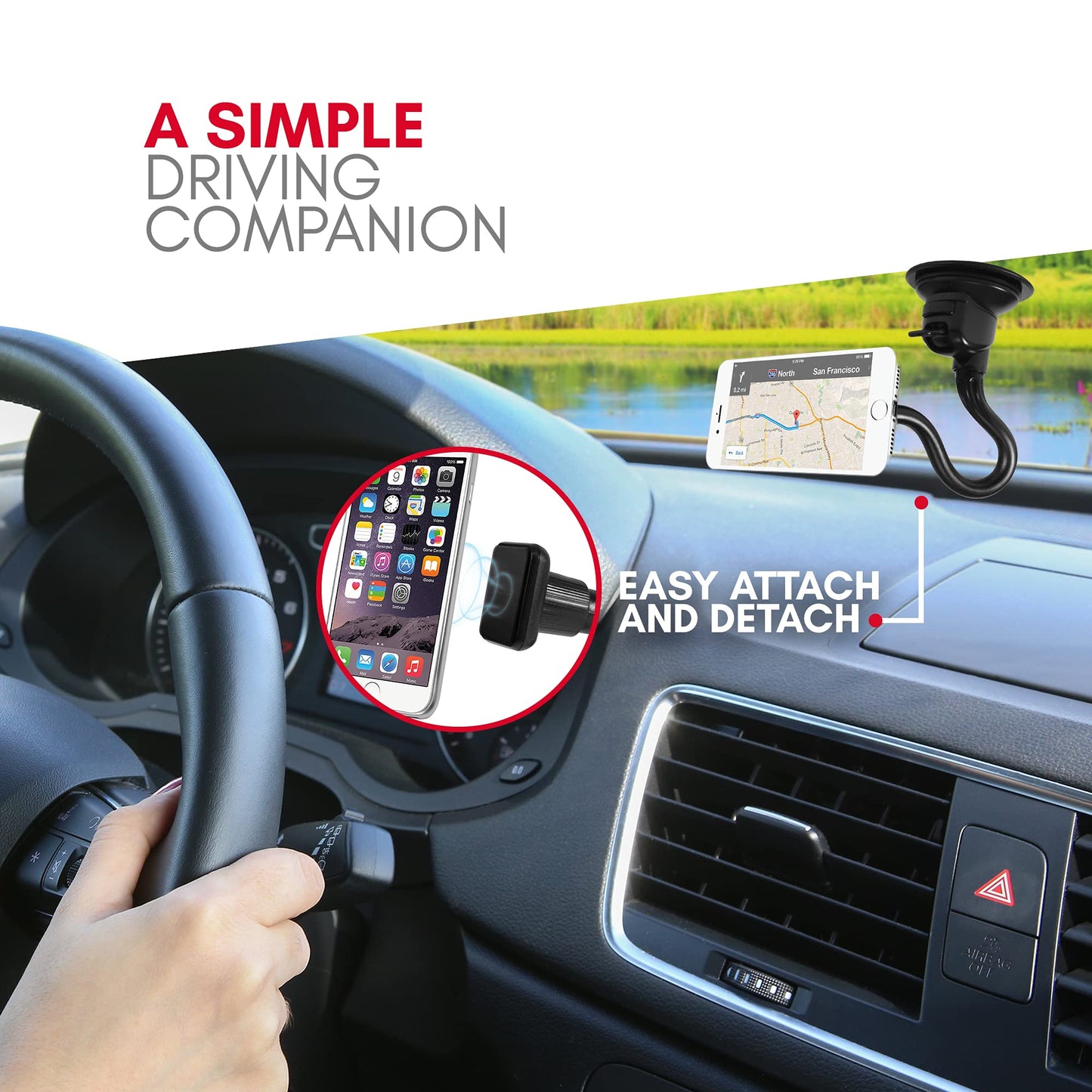 Macally Windshield Phone Mount for Car Magnetic - Suction Cup Window Mount Phone Holder with 8" Long Gooseneck Arm & Super Strong Magnet Mount
