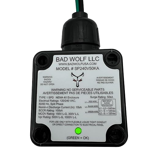 Bad Wolf SP240V50KA Type 1 Whole House Surge Protector 120/240VAC Split Phase (3-Wire L1/L2/G), 50kA/Phase ITMOV, NEMA 4X Waterproof, LED Status, UL