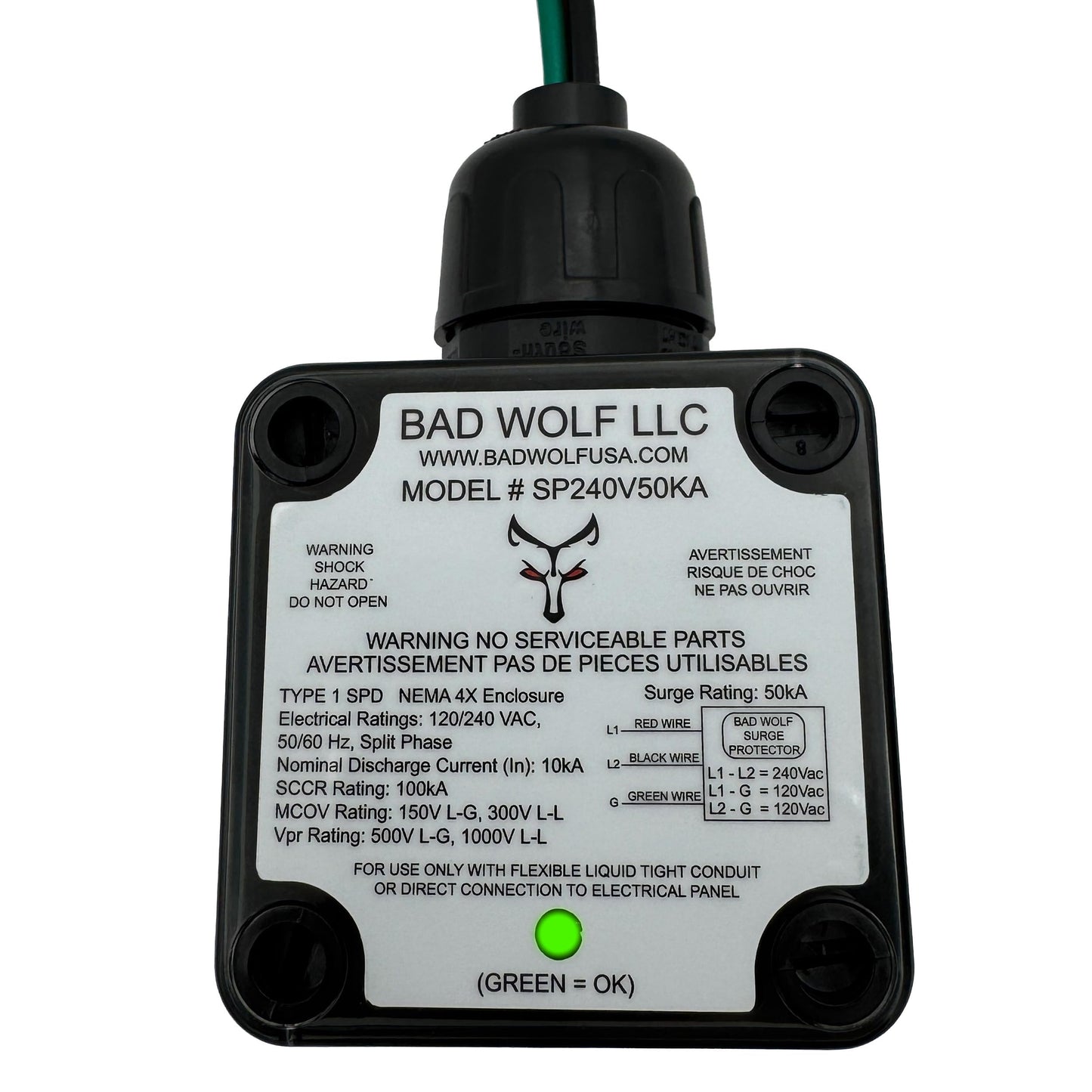 Bad Wolf SP240V50KA Type 1 Whole House Surge Protector 120/240VAC Split Phase (3-Wire L1/L2/G), 50kA/Phase ITMOV, NEMA 4X Waterproof, LED Status, UL
