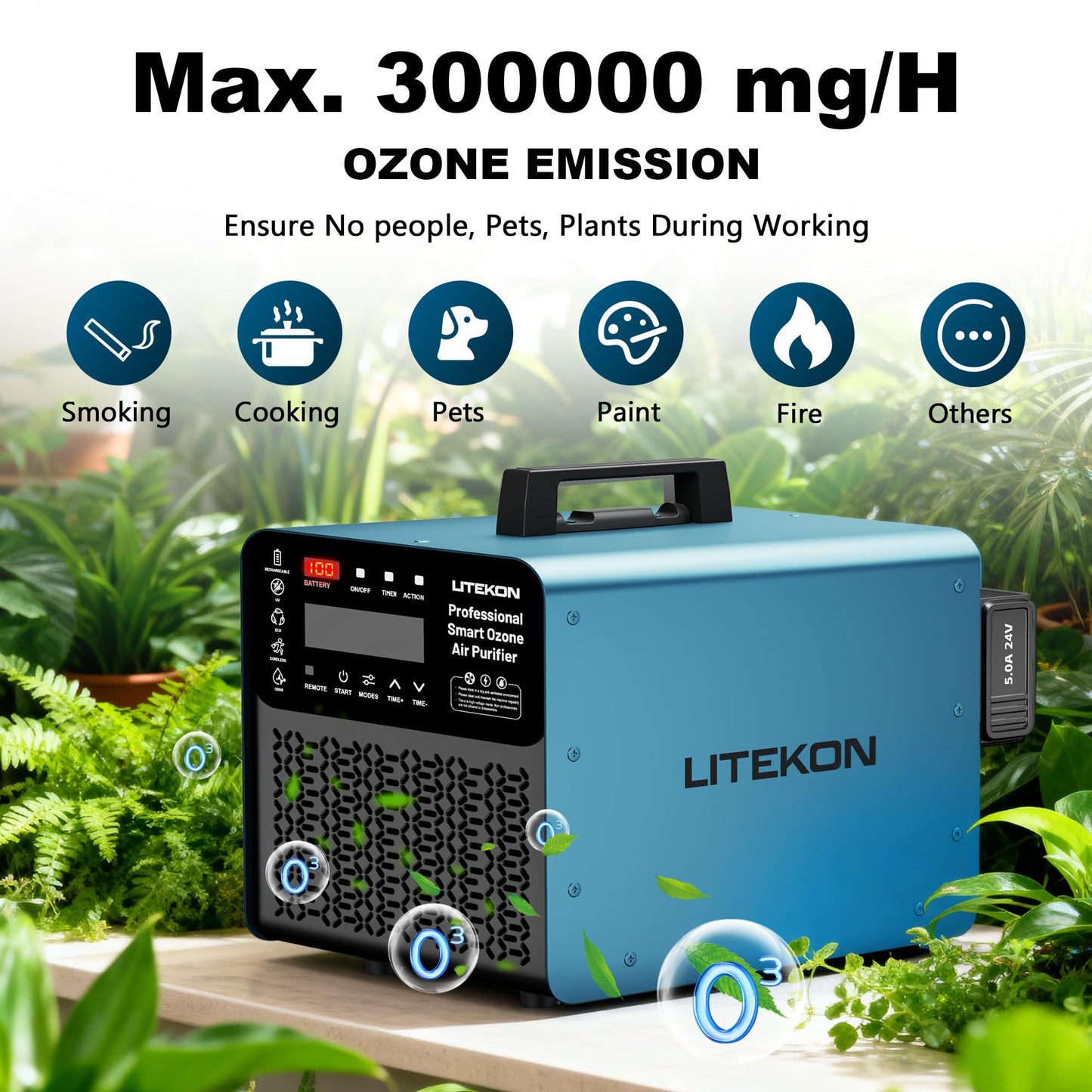 Original Ozone Generator Cordless with 2 x 5000mAh Battery&Quick Charger, 300,000mg/h Commercial Odor Remover Digital Ozonator Machine With Remote