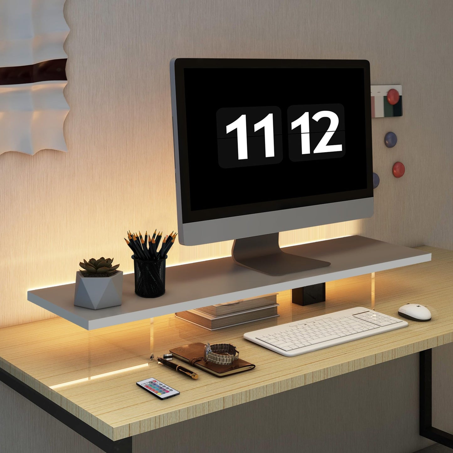 LA QUEENIE Monitor Stand Riser,Wood & Acrylic Computer Monitor Stand with LED Light,Desk Accessories Desktop Organizer Stand