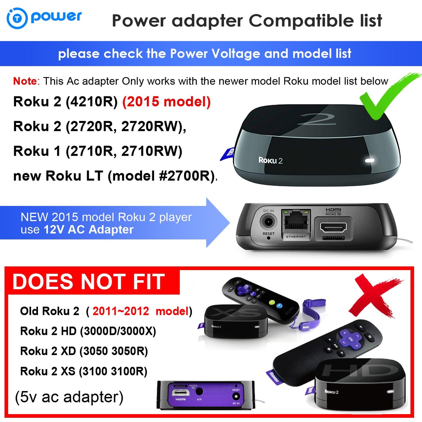 T-Power 12V Ac Adapter for 2015 Model Roku 3 4230R Streaming Media Player Model 4200R 4200X FA-1201000SUC FCC ID : TC2-R1004 IC: 5959A-R1004 & Roku 2…
