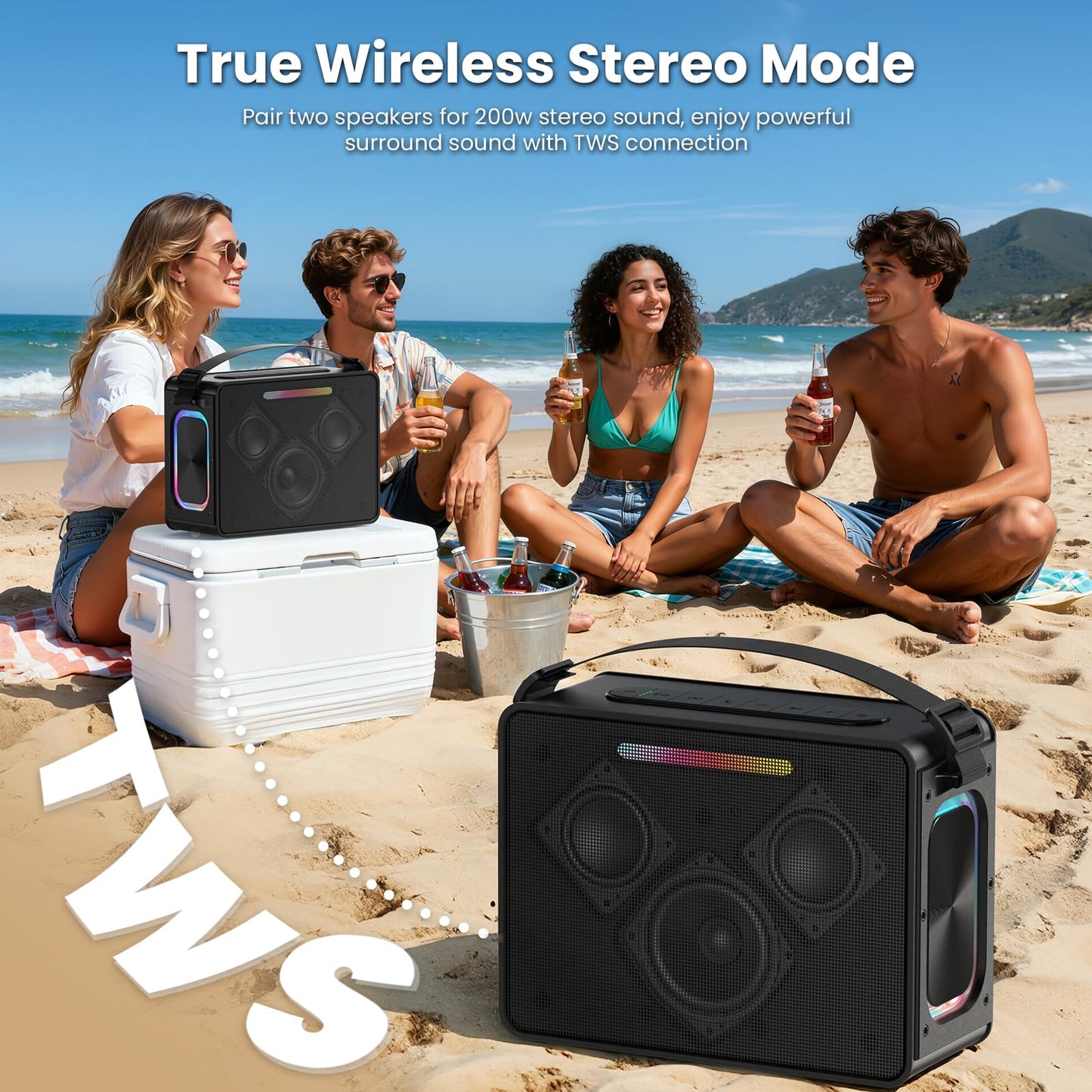 Maidsonic 100W Peak Bluetooth Speaker, Loud Wireless Portable Speaker IPX6 Waterproof Outdoor Speaker with LED Lights Powerful Stereo Sound & Deep