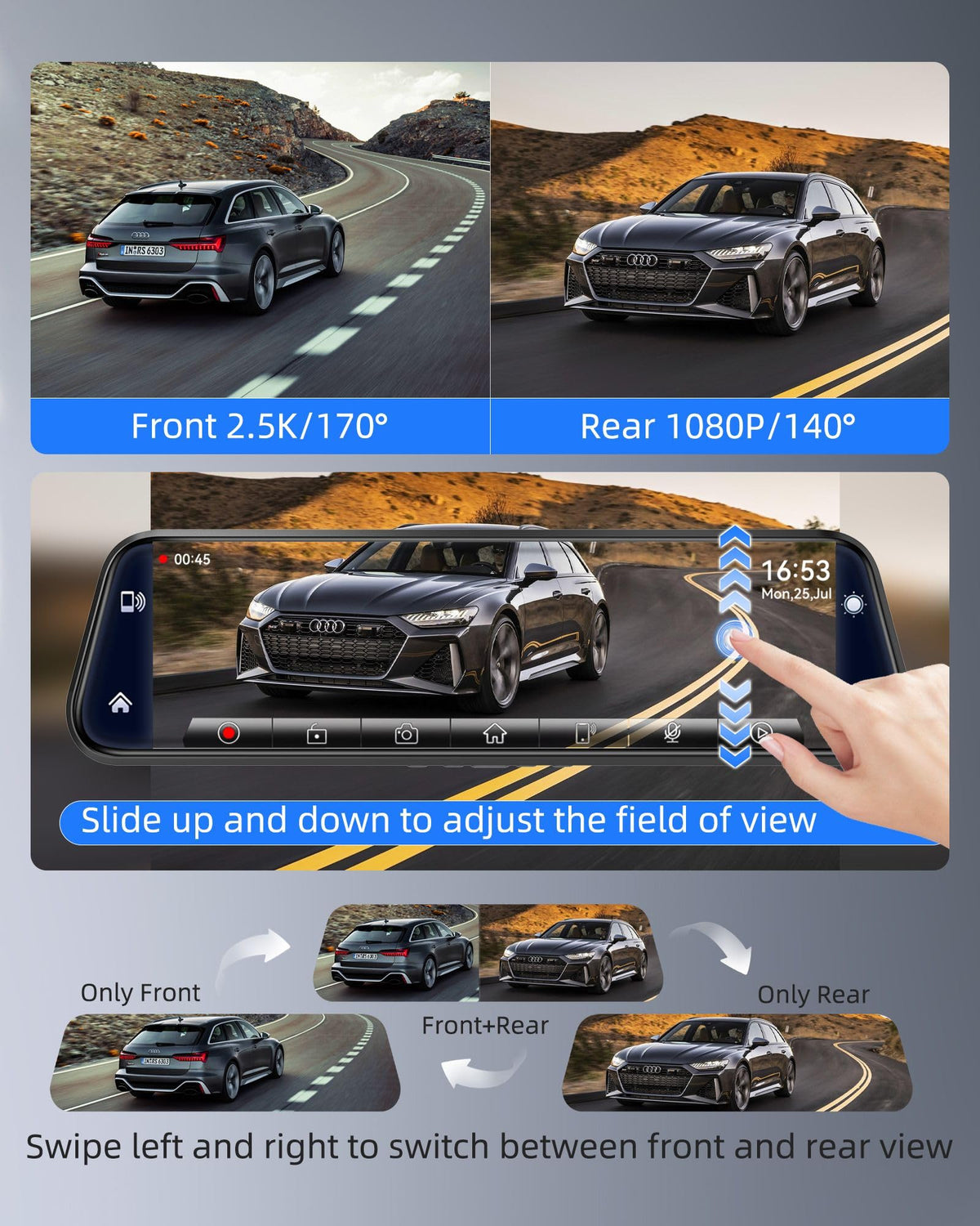 10" Mirror Dash Cam with Android Auto&Carplay 2.5K Rear View Mirror Camera