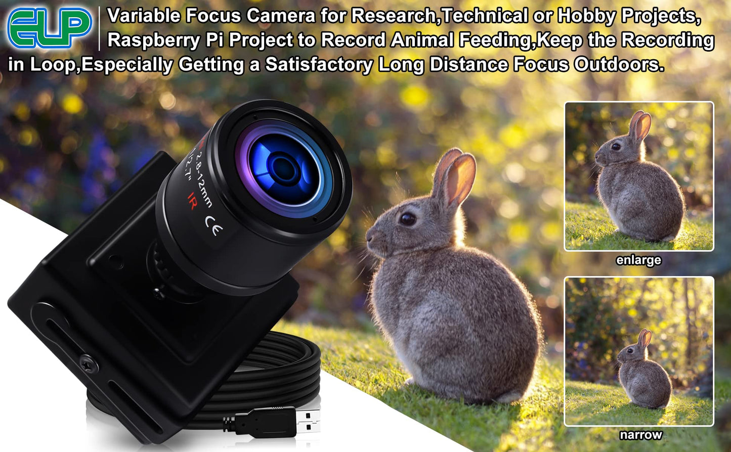 ELP USB Camera with Zoom Lens 2.8-12mm Manual Focus Webcam, 1.3MP Low Illumination Varifocal 960P AR0130 4X Zoom, Mini Variable Focus Computer Camera
