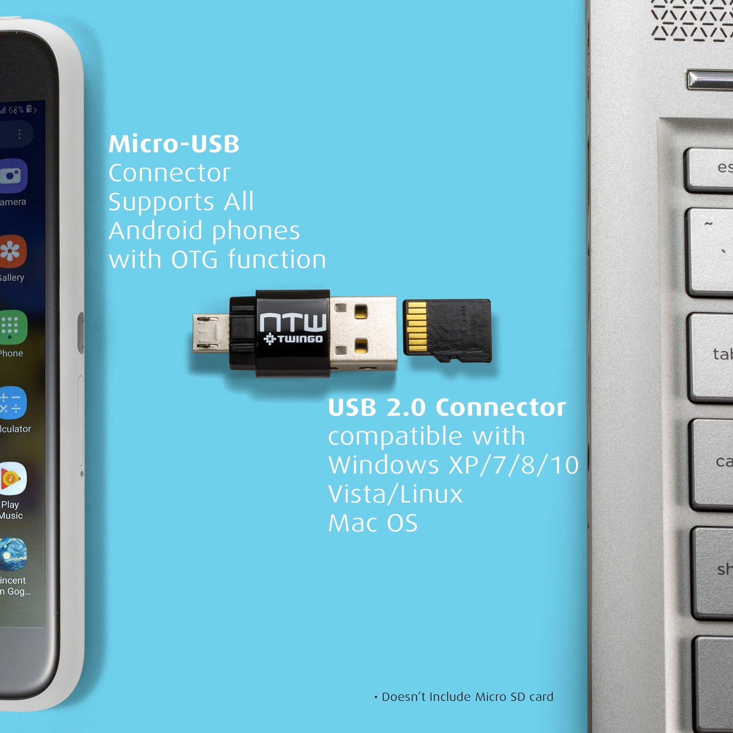 NTW Twingo: Micro SD Card Reader/Memory Card Reader/USB 2.0 Adapter/Micro USB OTG/Portable Micro SD Card Reader for Android Phone/MacBook/PC/Tablets