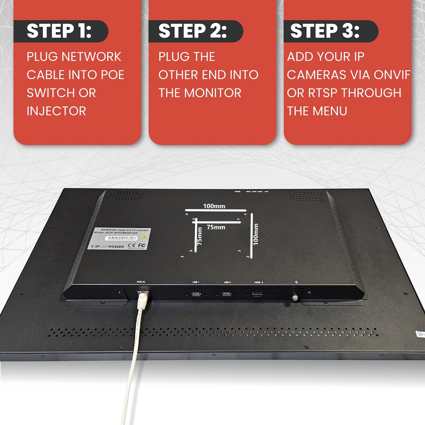IPCamPower 21.5" POE-Powered CCTV Spot Monitor with Integrated 8 Channel IP Camera Decoder, Compatible w/Most IP Camera Manufacturers, Built-in