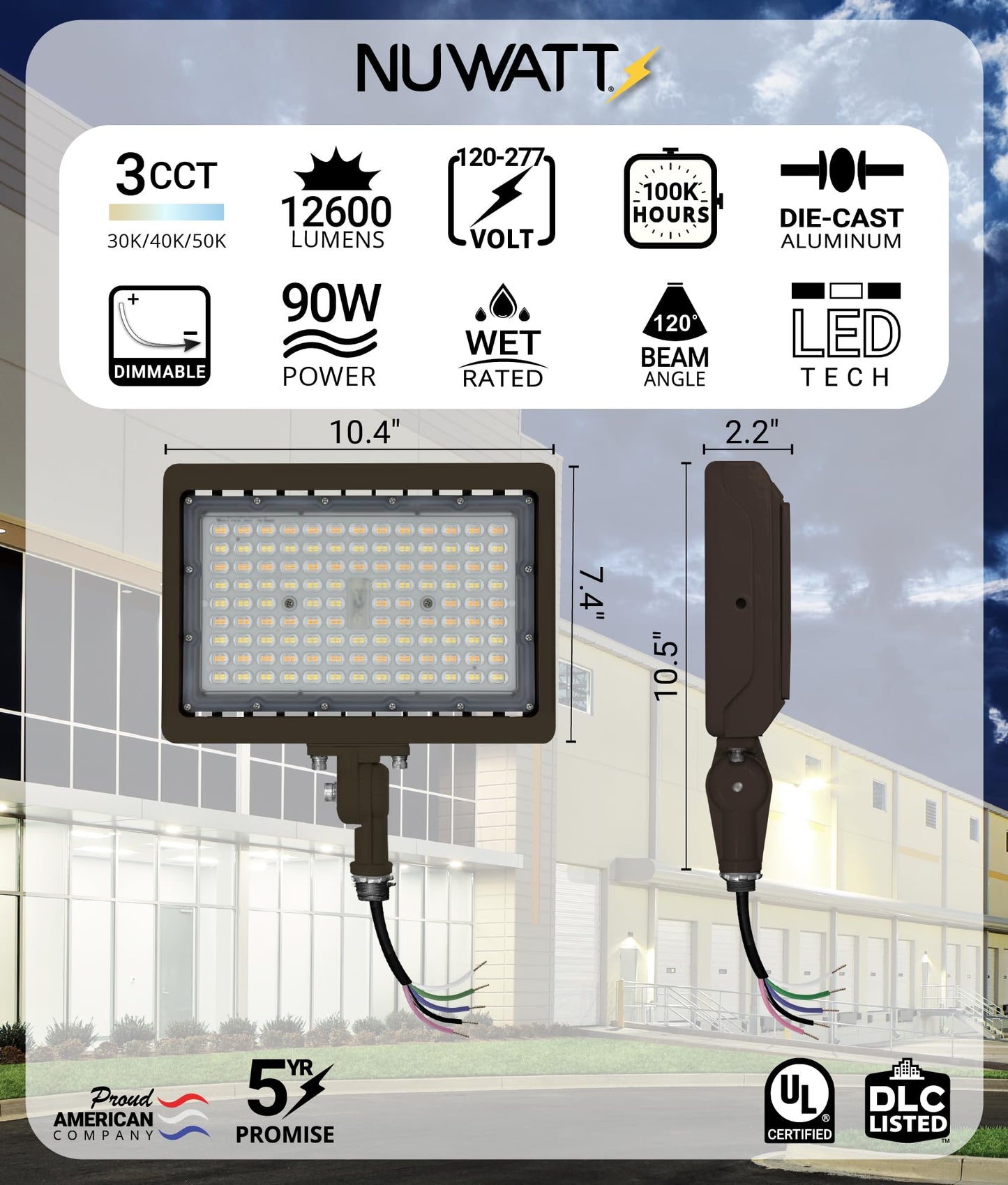 NUWATT 90W LED Flood Light, 3CCT 3000K/4000K/5000K Selectable, IP65 Waterproof Lighting, Adjustable Knuckle Mount, 12600LM, 0-10V Dimmable, 120-277V