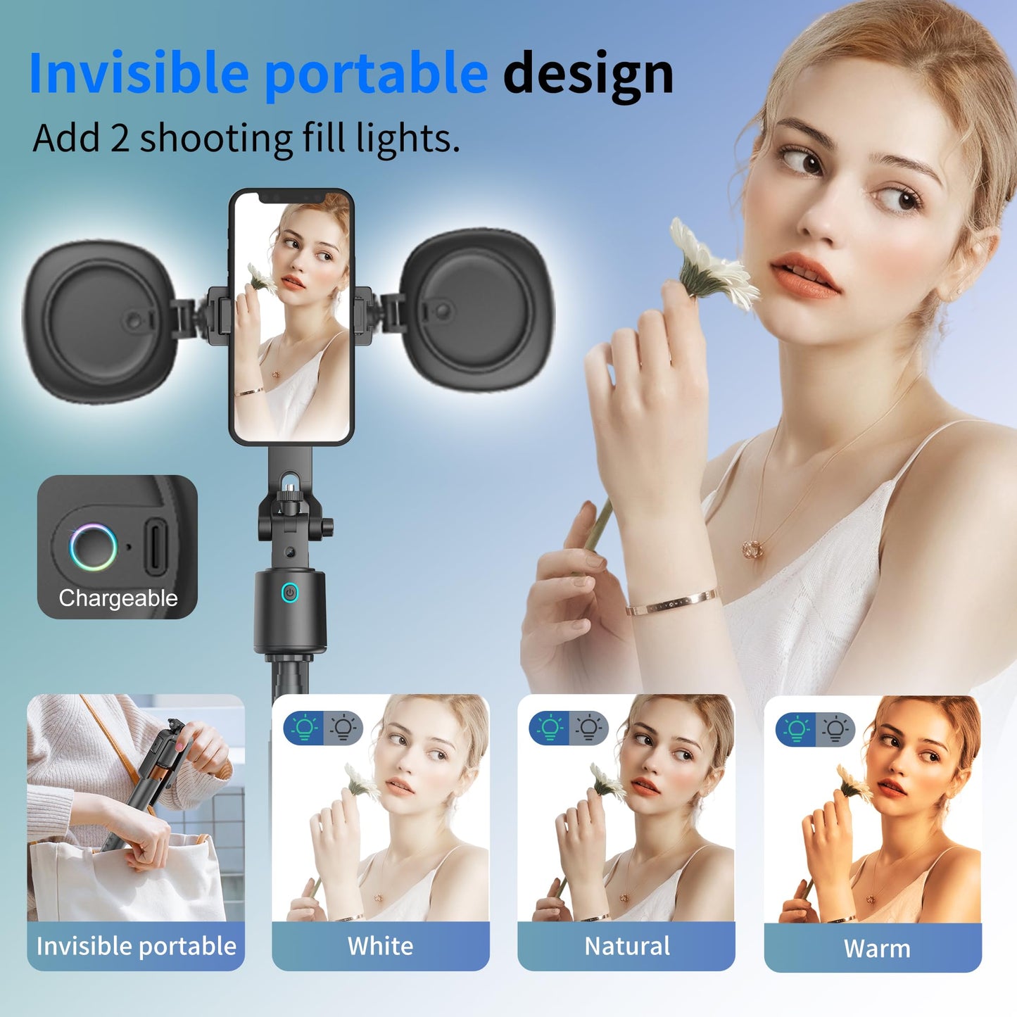 70" Auto Face Tracking Phone Tripod with Fill Light, 360° Rotating Smart Shooting Stand with Remote Control, No App Required for Vlogging, TikTok